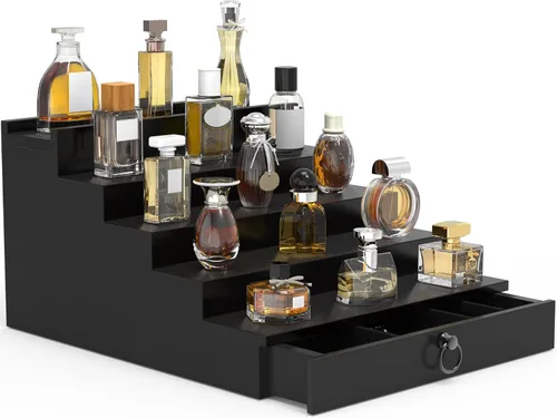 Miniatura 14 de Organizador de colonia upcessory para hombres, organizador de perfume de madera negra de 4 niveles con cajón forrado de fieltro y compartimento