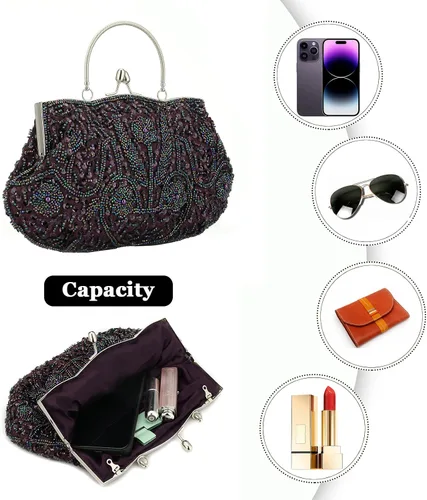 Miniatura 3 de Bolso de mano de noche con cuentas vintage para mujer, diseño vintage, lentejuelas, floral, asa superior, bolso de fiesta, boda, cartera, Púrpura