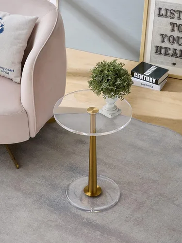 Miniatura 5 de Mesa de acrílico transparente con poste de metal de cono (pequeña, oro cepillado)
