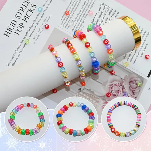 Miniatura 4 de Looconi 1400 piezas Cuentas de letras 7x4mm transparentes y coloridas para hacer joyas, pulseras, trenzas de cabello, manualidades