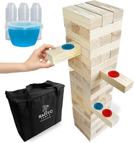 SWOOC Games – Juego de fiesta de torre gigante con chupitos de gelatina ocultos – Incluye vasos desechables, tapas y estuche de transporte – Se