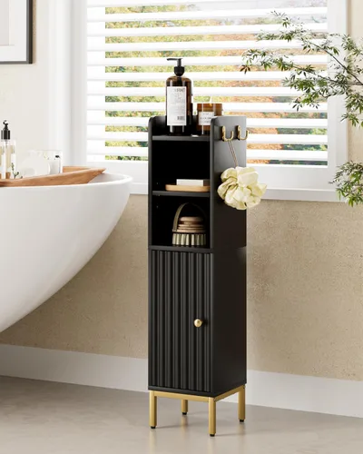 Miniatura 14 de Gabinete de Almacenamiento para Baño, Pequeño Mueble de Esquina de Piso con 2 Ganchos, Gabinete Estrecho para Papel Higiénico con Puerta de Ratán