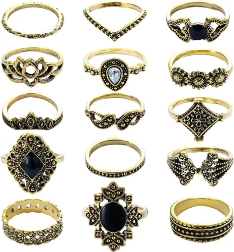 Juego de 15 anillos vintage para nudillos dorados y plateados, con flores talladas bohemias, vintage, apilables, de cristal, gótico, negro, estilo