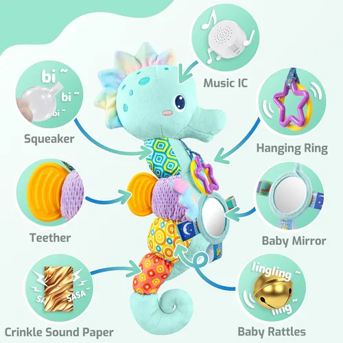 Miniatura 3 de LIGHTDESIRE Juguetes para bebés musicales de caballito de mar, juguetes de animales de peluche para bebés con crujido y sonajeros, juguetes