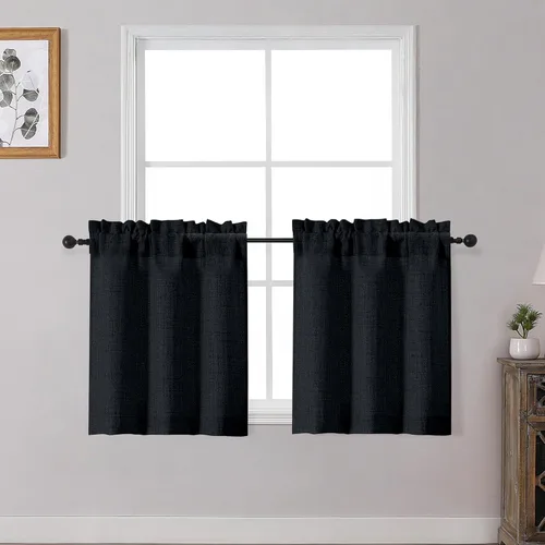 OWENIE Cortinas de Cocina Negras Sobre Fregadero de 24 Pulgadas de Largo, Juego de 2 Paneles, Cortinas Cortas de Café con Textura Filtrante de Luz