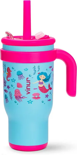 Miniatura 10 de VINUR Vaso para niños con asa - 14 oz de acero inoxidable con aislamiento al vacío de doble pared con tapa y pajita, vaso de agua de viaje
