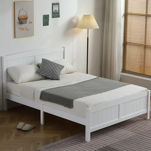 Miniatura 9 de Karl home Base de cama de madera tamaño matrimonial con cabecero, plataforma para dormitorio con estribo, soporte de 12 listones de madera, no Gris