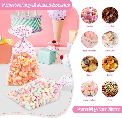 Miniatura 6 de COQOFA 100 Piezas Bolsas de Estrella Rosa de 7"X12" para Envolver Regalos, Bolsas de Celofán Cello, Bolsas de Dulces para Fiestas, Bolsas de Favor
