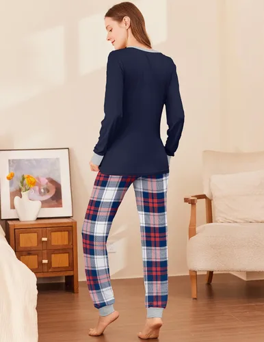 Miniatura 265 de Ekouaer Conjunto de pijama de manga larga para mujer, ropa de dormir suave con cuello redondo y bolsillos