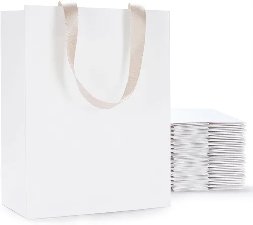 Miniatura 33 de Bolsas de regalo blancas con asas, 10 bolsas pequeñas de papel blanco de 5.25 x 3.75 x 8 pulgadas con asas de cinta, bolsa de compras de papel kraft