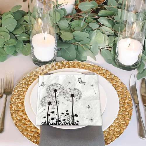 Miniatura 4 de AnyDesign Paquete de 100 servilletas de papel de diente de león, servilletas de almuerzo florales blancas y negras, desechables, decorativas