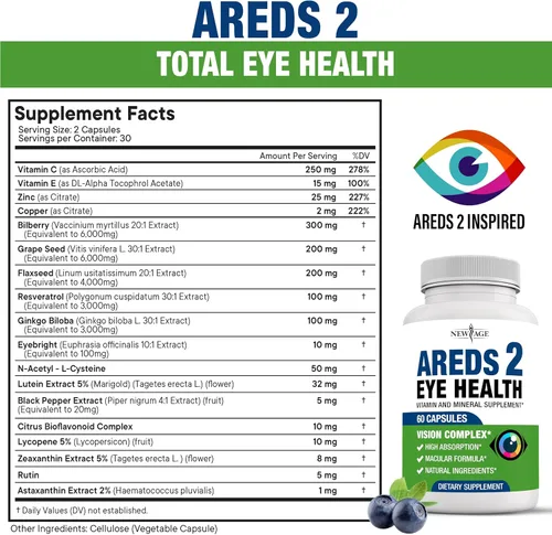 Miniatura 5 de NEW AGE AREDS 2 Vitaminas para los ojos, luteína, zeaxantina, arándano, suplemento mineral para la visión astaxantina, 60