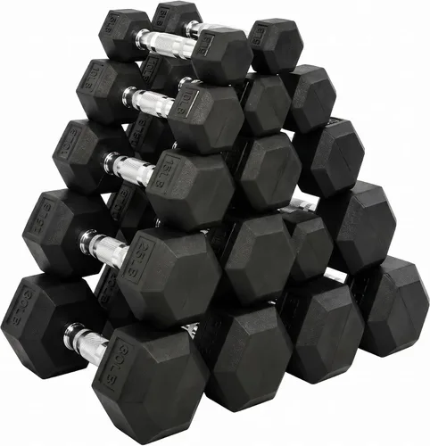 Miniatura 12 de Juego de mancuernas (varias pesas disponibles), pesas hexagonales de goma sin soporte, equipo de gimnasio para casa de alta resistencia