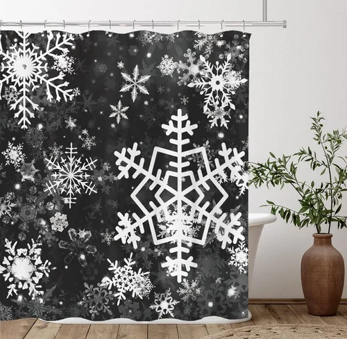 Tititex Juego de cortinas de ducha con diseño de copos de nieve, diseño de copos de nieve, decoración de invierno, color blanco y negro, tela