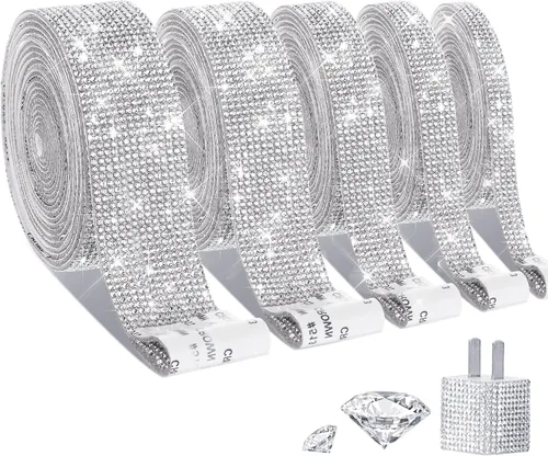 Miniatura 8 de 5 rollos de cinta autoadhesiva de diamantes de imitación con cristal, cinta de diamantes bling con pegatinas de 2 mm para manualidades, bodas
