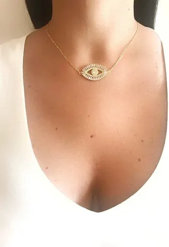 Miniatura 2 de LESLIE BOULES Collar de ojo malvado de oro chapado en oro de 18 quilates con cadena ajustable deslizante, Cristal