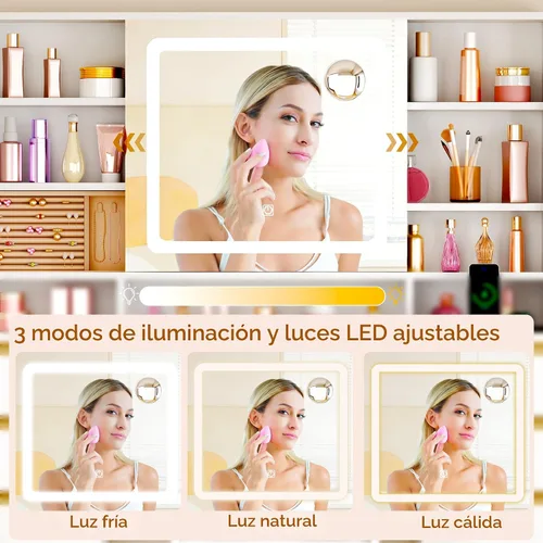 Miniatura 6 de ANWBROAD Escritorio de tocador con espejo deslizante y luces, juego de tocador grande de maquillaje con almacenamiento de joyas, 11 cajones, 6