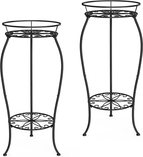 Miniatura 8 de FaithLand Soporte para Plantas, Soporte de Maceta de Metal Resistente para Interiores y Exteriores, Estante de Soporte Redondo de 2 Niveles, Estante