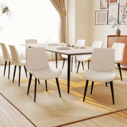 Miniatura 8 de Juego de 6 sillas de comedor, modernas sillas de comedor tapizadas de piel sintética con patas de metal resistentes y respaldo cómodo, sillas Beige