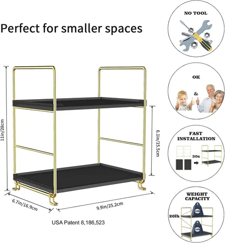 Miniatura 2 de Estante organizador de especias de 2 niveles para baño, estante de almacenamiento de encimera, estante de almacenamiento de cosméticos de pie negro