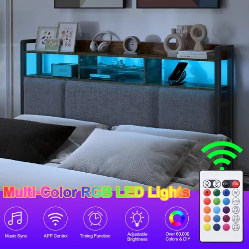 Miniatura 4 de Livofloral Cabecera tapizada de tamaño Queen con 2 tomas de corriente y luz LED, tablero principal con estantes de almacenamiento para cama, solo