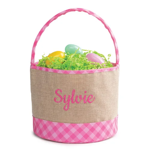 Miniatura 8 de Bolsa de cubo de Pascua personalizada con nombre personalizado Bolsa de Pascua de arpillera a cuadros azules con asa Cesta de huevos para niños