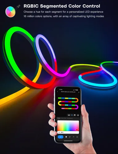 Miniatura 3 de Tira de luz LED de neón RGB de 16.4 pies que cambia de color, aplicación + control remoto, iluminación de diseño impermeable personalizable