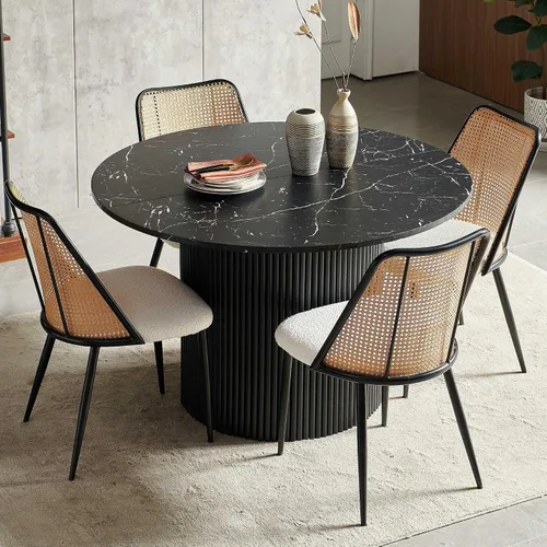 Miniatura 5 de NORDICANA Juego de comedor para 4 personas, moderno juego de sillas de mesa de cocina de 4 asientos con asiento beige y respaldo de ratán, mesa