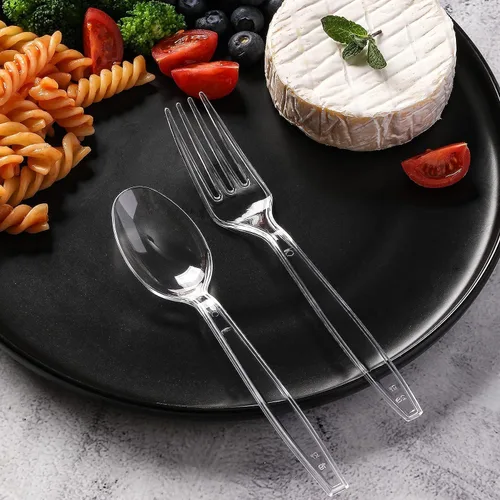 Miniatura 7 de Juego de 400 tenedores y cucharas de plástico transparente a granel, cucharas y tenedores desechables resistentes, cubiertos de plástico para fiestas