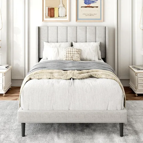 Miniatura 15 de Gruwans Estructuras de Cama Individual con Cabecera Wingback, Camas de Plataforma Tapizadas, No Necesita Somier, Soporte Resistente de Listones