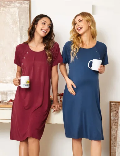 Miniatura 4 de Ekouaer - Camisón con botones y manga corta para mujer, vestido para lactancia, parto, hospital y maternidad, tallas S-XXL