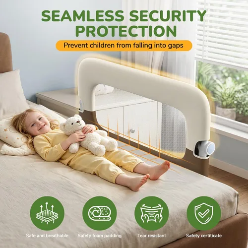 Miniatura 5 de Barandilla protectora de cama para niños pequeños, altura ajustable de 32 pulgadas y riel de cama portátil plegable para bebé, barandillas de cama