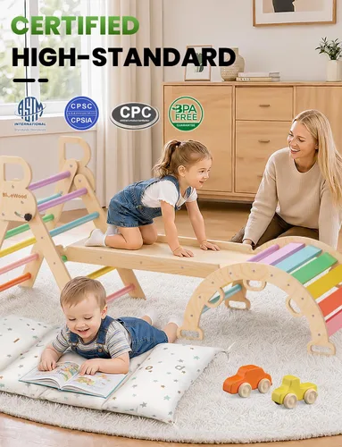 Miniatura 8 de BlueWood Conjunto de Triángulo Pikler con Cojín - Juguetes de Escalada para Niños Pequeños 9-en-1, Gimnasio de Juegos con Filosofía Montessori