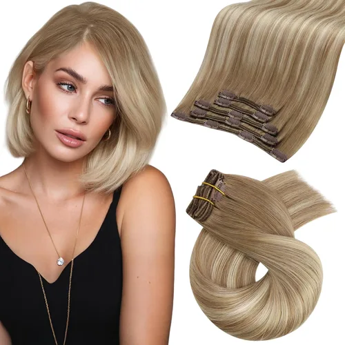 Miniatura 76 de Moresoo Extensiones de cabello humano Remy con clip, color rubio platino, extensiones de cabello humano real de doble trama, color rubio #60, 18