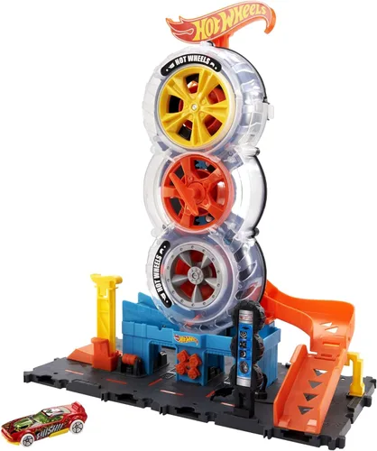 Miniatura 6 de Hot Wheels City Super Twist Tire Shop - Juego de tienda de neumáticos con giro de llave para hacer viajar los autos a través de los neumáticos