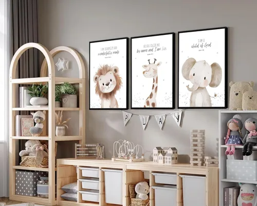 Miniatura 4 de Arte de pared enmarcado para guardería con versículo bíblico de animales en lienzo, arte de pared divertido y lindo de animales de safari, pintura