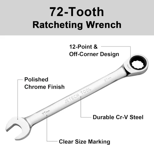 Miniatura 3 de Jetech Llave Combinada de Trinquete de 27mm, Llave de Engranaje de Grado Industrial con Trinquete de 12 Puntos y 72 Dientes, Acero Forjado y Tratado