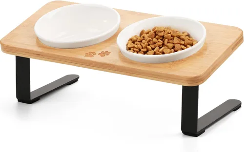 Miniatura 9 de Cuencos elevados de cerámica para gatos con inclinación de 10°, antivómitos y bigotes, cuencos para alimentos y agua con soporte de bambú