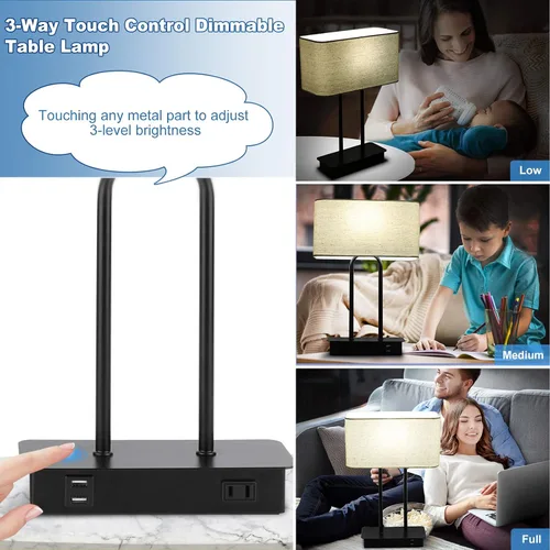 Miniatura 2 de Lámpara de mesa con control táctil y puertos de carga USB duales, 1 salida de CA, lámpara de mesita de noche moderna regulable de 3 vías con Crema