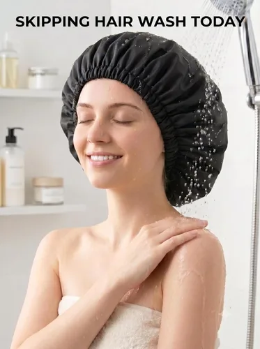 Miniatura 7 de Aquior Gorro de ducha para mujer, extra ajustable, doble capa, impermeable, reutilizable, gorra de pelo de tamaño grande para todo el cabello