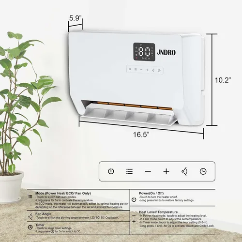Miniatura 6 de Calentador de espacio montado en la pared con termostato ECO y control remoto, pantalla LED, modos de oscilación de 60°/90°/120°, temporizador de 24