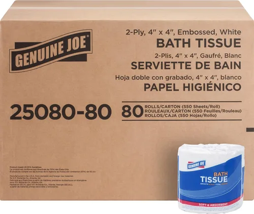 Miniatura 7 de Genuine Joe papel higiénico con relieve, 2 capas, seguro para fosas sépticas, envuelto individualmente, 4.5" x 3.75", 500 hojas/rollo, 96