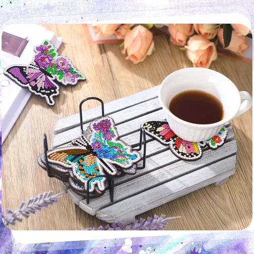 Miniatura 2 de Shellwei 8 posavasos de pintura de diamante de mariposa con soporte, kit de pintura de diamante de mariposa de primavera, posavasos coloridos