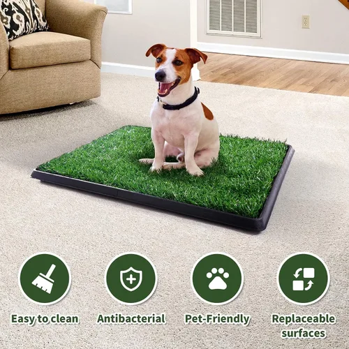 Miniatura 5 de Almohadilla de césped para perros con bandeja, 25 x 20 pulgadas, almohadilla de césped artificial para entrenamiento de cachorros, inodoro portátil