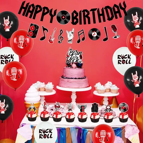 Miniatura 7 de Crenics Decoraciones de Fiesta de Cumpleaños de Rock and Roll - Pancarta de Feliz Cumpleaños, Remolinos Colgantes, Adornos para Pasteles y Globos
