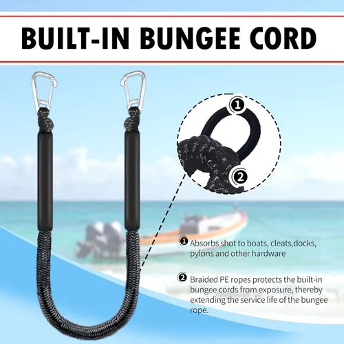 Miniatura 6 de Líneas de muelle elástico para barcos, cuerda flotante sin fregadero con ganchos dobles, amarre de barco resistente para muelle para pontón jet ski