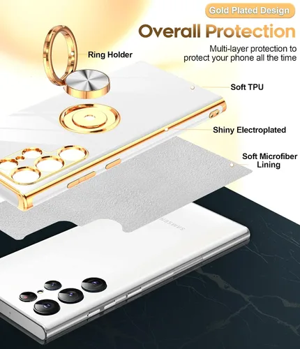 Miniatura 2 de LeYi Funda para Samsung Galaxy S22 Ultra con Soporte de Anillo Giratorio de 360°, Soporte Magnético con Patilla, Borde Protector Chapado en Oro Rosa