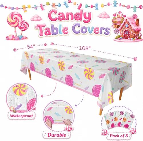 Miniatura 2 de Blue Orchards Fundas de mesa de caramelo (paquete de 3) – 54 x 108 pulgadas XL – Mantel, suministros de fiesta, decoraciones, fiesta de cumpleaños