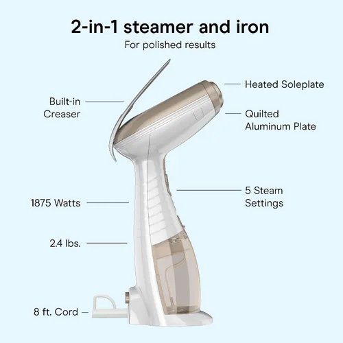 Miniatura 4 de Conair Vaporizador de ropa de mano para ropa, vaporizador de tela Turbo ExtremeSteam 1875W, diseño portátil de mano, vapor penetrante fuerte, Blanco