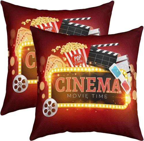Juego de 2 fundas de almohada estilo cine vintage de 18 x 18 pulgadas, fundas de almohada decorativas para sofá cama con temática de película,